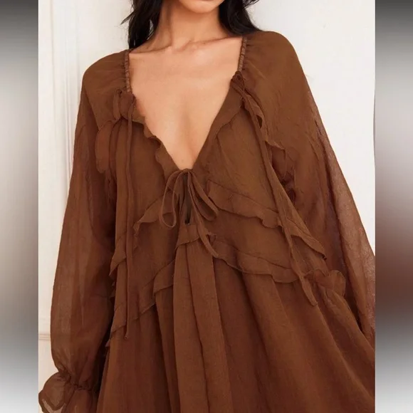 Autumn in Posh C 🍁 | Euro Style Maple Veil Sheer Long Sleeve Brown Maxi Dress - Picture 7 of 12